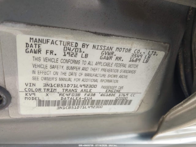 Продаж на аукціоні авто 2001 Nissan Sentra Gxe, vin: 3N1CB51D71L492300, номер лоту: 45659709