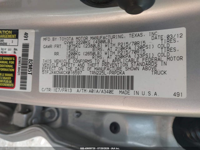 Продажа на аукционе авто 2012 Toyota Tacoma, vin: 5TFJX4CN4CX016597, номер лота: 45659720