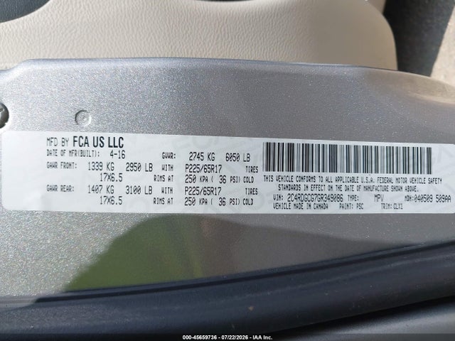 Aukcja sprzedaży 2016 Dodge Grand Caravan Sxt, vin: 2C4RDGCG7GR349086, numer aukcji: 45659736