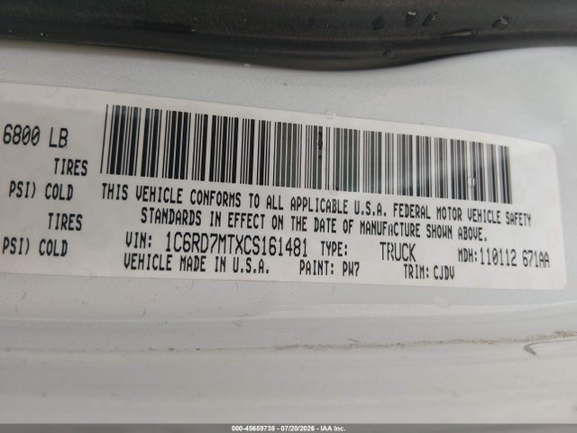 45659738 :رقم المزاد ، 1C6RD7MTXCS161481 vin ، 2012 Ram 1500 Sport مزاد بيع