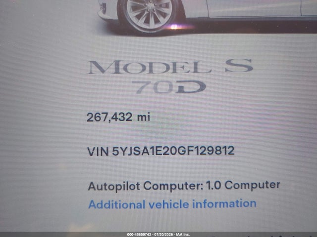 Продажа на аукционе авто 2016 Tesla Model S 60d/70d/75d/85d/90d, vin: 5YJSA1E20GF129812, номер лота: 45659743