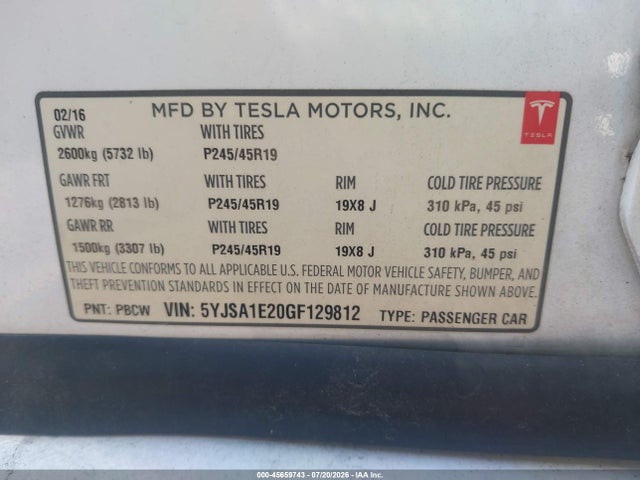 Продажа на аукционе авто 2016 Tesla Model S 60d/70d/75d/85d/90d, vin: 5YJSA1E20GF129812, номер лота: 45659743