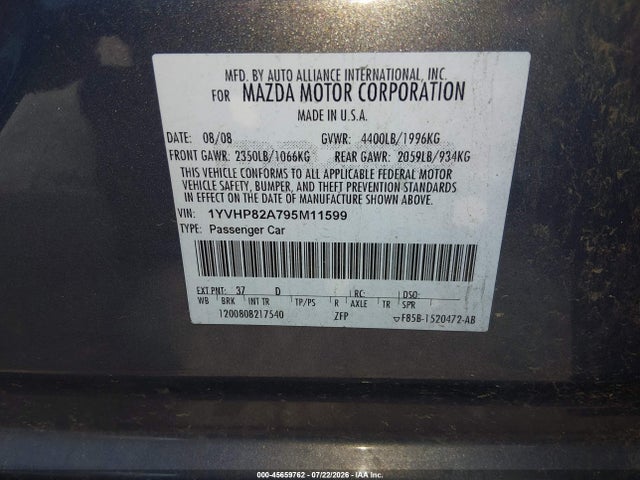 Aukcja sprzedaży 2009 Mazda Mazda6 I Grand Touring, vin: 1YVHP82A795M11599, numer aukcji: 45659762