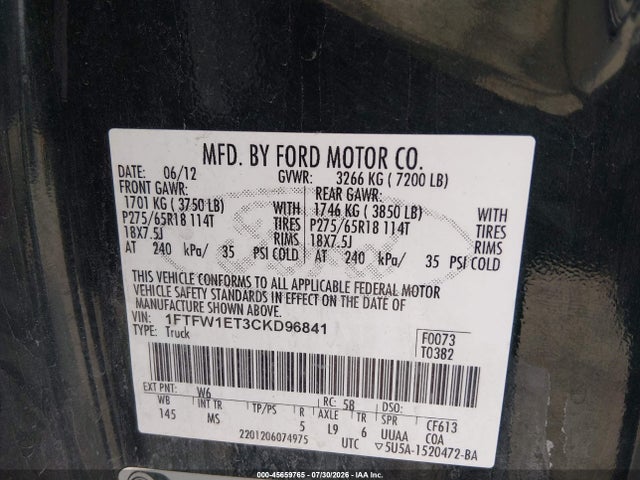 Продажа на аукционе авто 2012 Ford F-150 Xlt, vin: 1FTFW1ET3CKD96841, номер лота: 45659765