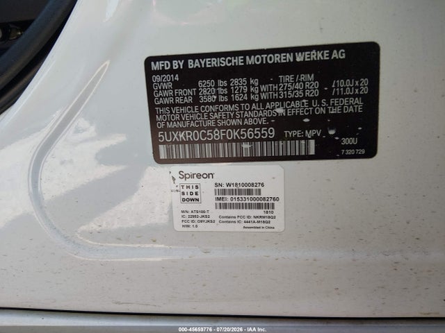 Продажа на аукционе авто 2015 Bmw X5 Xdrive35i, vin: 5UXKR0C58F0K56559, номер лота: 45659776