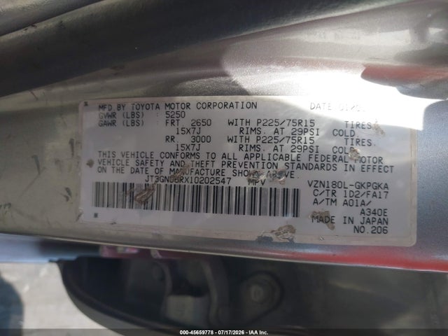 45659778 :رقم المزاد ، JT3GN86RX10202547 vin ، 2001 Toyota 4runner Sr5 V6 مزاد بيع