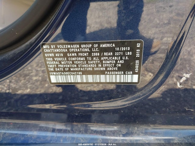 2014 Volkswagen Passat 1.8t S მანქანა იყიდება აუქციონზე, vin: 1VWAS7A30EC042185, აუქციონის ნომერი: 45659792