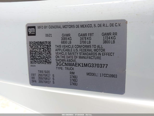 3GCNWAEK1MG370377 Chevrolet Silverado 1500 2wd Long Bed Wt