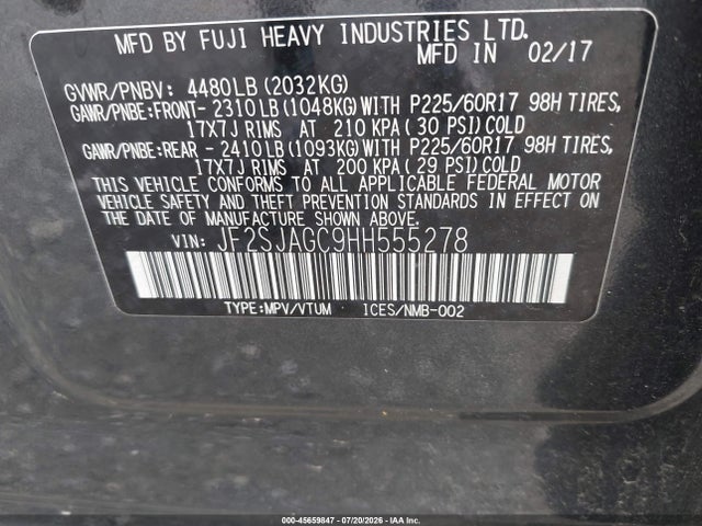 45659847 :رقم المزاد ، JF2SJAGC9HH555278 vin ، 2017 Subaru Forester 2.5i Premium مزاد بيع