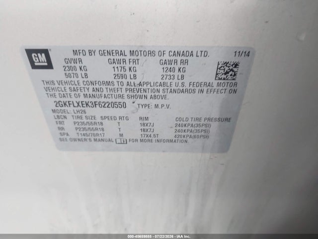 Продажа на аукционе авто 2015 Gmc Terrain Slt-1, vin: 2GKFLXEK3F6220550, номер лота: 45659885