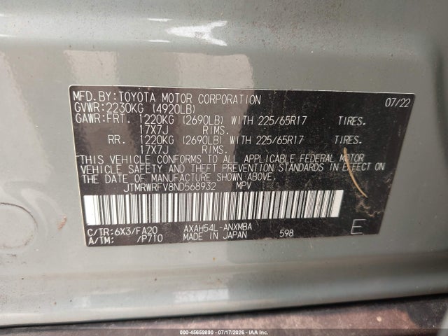 Продажа на аукционе авто 2022 Toyota Rav4 Hybrid Xle, vin: JTMRWRFV8ND568932, номер лота: 45659890