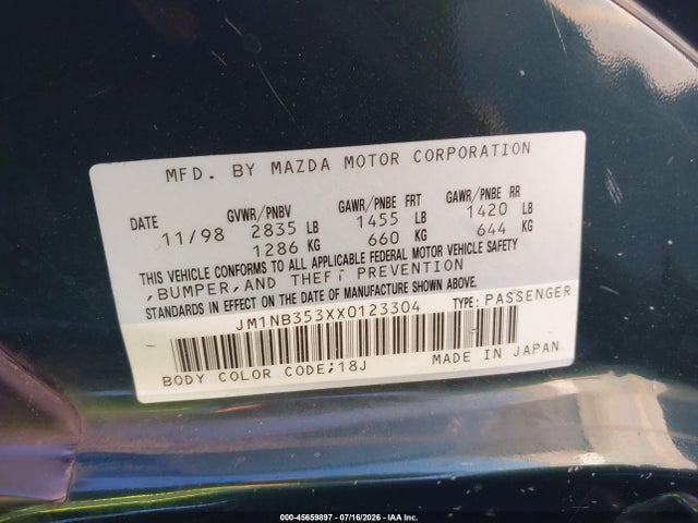 Aukcja sprzedaży 1999 Mazda Mx-5 Miata 10th Anniversary Edition/leather/popular Equip/sport/touring, vin: JM1NB353XX0123304, numer aukcji: 45659897
