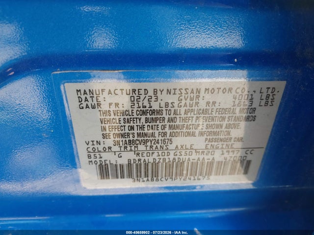Продаж на аукціоні авто 2023 Nissan Sentra Sv Xtronic Cvt, vin: 3N1AB8CV9PY241675, номер лоту: 45659902