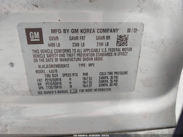 2022 Buick Encore Awd Preferred მანქანა იყიდება აუქციონზე, vin: KL4CJESM2NB555612, აუქციონის ნომერი: 45659919