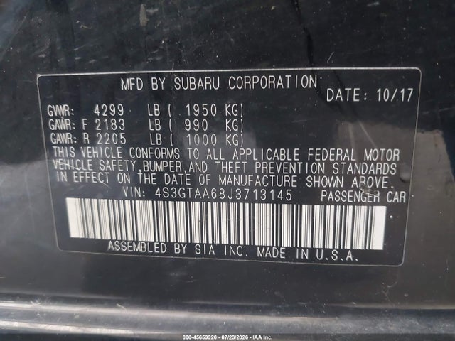 45659920 :رقم المزاد ، 4S3GTAA68J3713145 vin ، 2018 Subaru Impreza 2.0i مزاد بيع