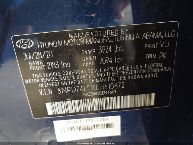 45659934 :رقم المزاد ، 5NPD74LFXLH610872 vin ، 2020 Hyundai Elantra Se مزاد بيع