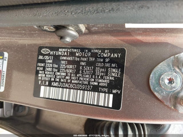 45659946 :رقم المزاد ، KM8JU3AC6CU359137 vin ، 2012 Hyundai Tucson Gls مزاد بيع
