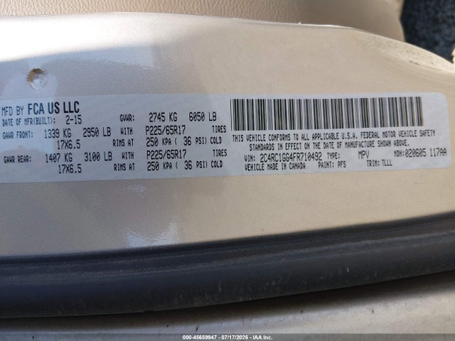 Aukcja sprzedaży 2015 Chrysler Town & Country Limited Platinum, vin: 2C4RC1GG4FR710492, numer aukcji: 45659947