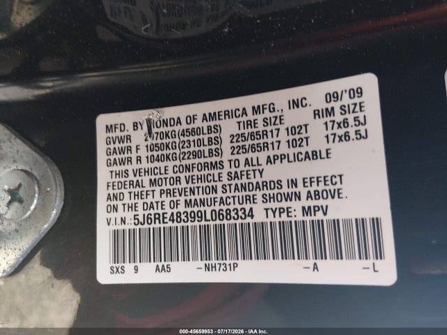 Продаж на аукціоні авто 2009 Honda Cr-v Lx, vin: 5J6RE48399L068334, номер лоту: 45659953