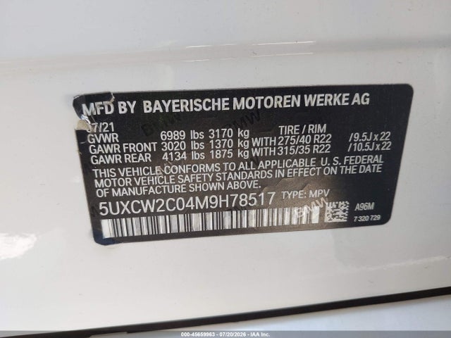 2021 Bmw X7 Xdrive40i მანქანა იყიდება აუქციონზე, vin: 5UXCW2C04M9H78517, აუქციონის ნომერი: 45659963