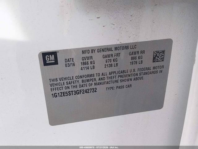Продажа на аукционе авто 2016 Chevrolet Malibu 1lt, vin: 1G1ZE5ST3GF242732, номер лота: 45659978