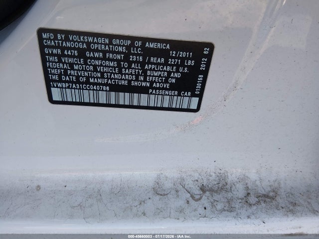 Продажа на аукционе авто 2012 Volkswagen Passat 2.5l Se, vin: 1VWBP7A31CC040786, номер лота: 45660003