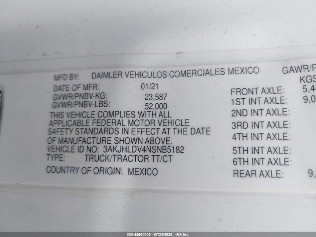 2022 Freightliner New Cascadia 126 მანქანა იყიდება აუქციონზე, vin: 3AKJHLDV4NSNB5182, აუქციონის ნომერი: 45660005
