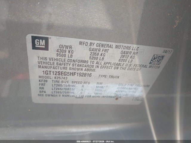 Продаж на аукціоні авто 2017 Gmc Sierra 2500hd Sle, vin: 1GT12SEG5HF192816, номер лоту: 45660021