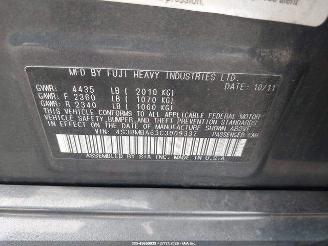 Продаж на аукціоні авто 2012 Subaru Legacy 2.5i, vin: 4S3BMBA63C3009337, номер лоту: 45660039