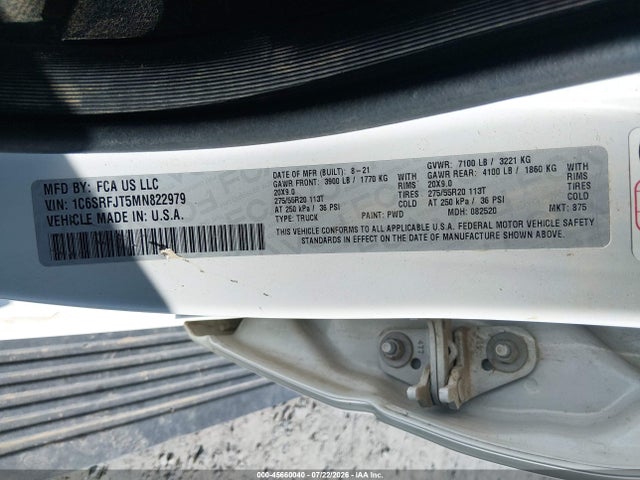 Продажа на аукционе авто 2021 Ram 1500 Laramie  4x4 5'7 Box, vin: 1C6SRFJT5MN822979, номер лота: 45660040