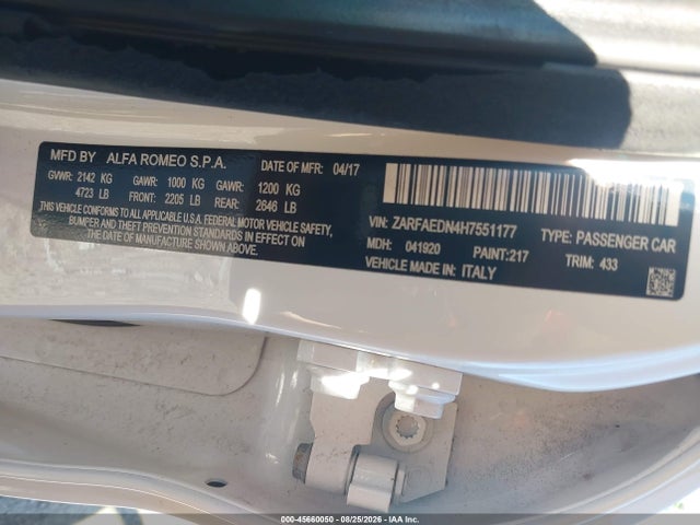 Продаж на аукціоні авто 2017 Alfa Romeo Giulia Awd, vin: ZARFAEDN4H7551177, номер лоту: 45660050