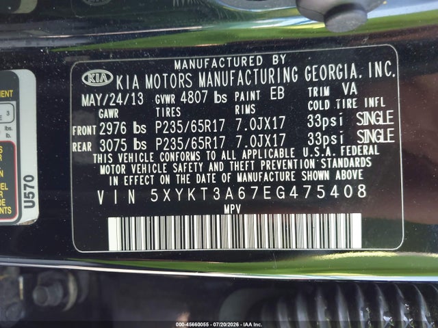 Продажа на аукционе авто 2014 Kia Sorento Lx, vin: 5XYKT3A67EG475408, номер лота: 45660055