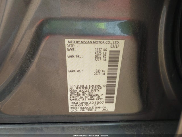2017 Nissan Altima 2.5 S მანქანა იყიდება აუქციონზე, vin: 1N4AL3AP7HC225007, აუქციონის ნომერი: 45660091