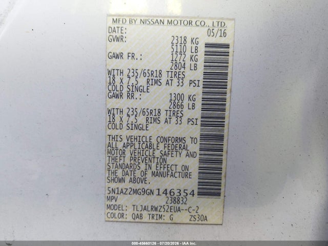 45660126 :رقم المزاد ، 5N1AZ2MG9GN146354 vin ، 2016 Nissan Murano Sl مزاد بيع