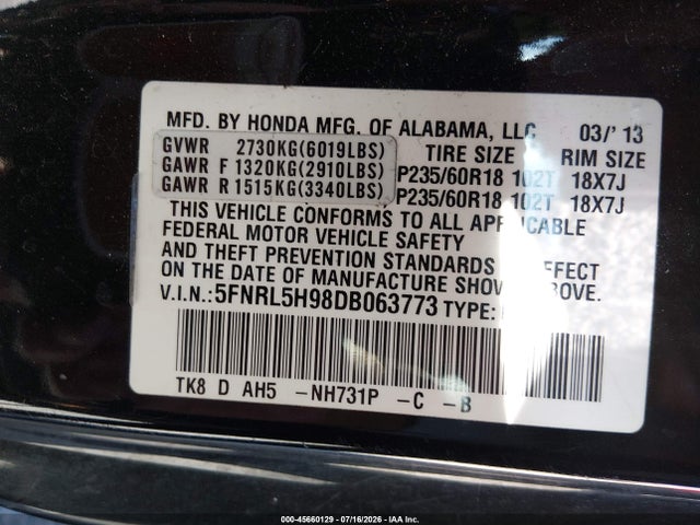 Aukcja sprzedaży 2013 Honda Odyssey Touring/touring Elite, vin: 5FNRL5H98DB063773, numer aukcji: 45660129
