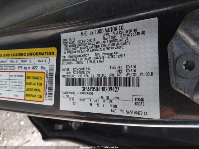 Продажа на аукционе авто 2017 Ford Fusion Energi Titanium, vin: 3FA6P0SU6HR209427, номер лота: 45660132