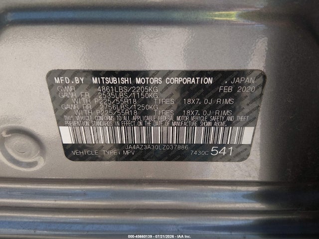 Продаж на аукціоні авто 2020 Mitsubishi Outlander Es 2.4 S-awc/le 2.4 S-awc/se 2.4 S-awc/sel 2.4 S-awc/sp 2.4 S-awc, vin: JA4AZ3A30LZ037886, номер лоту: 45660139