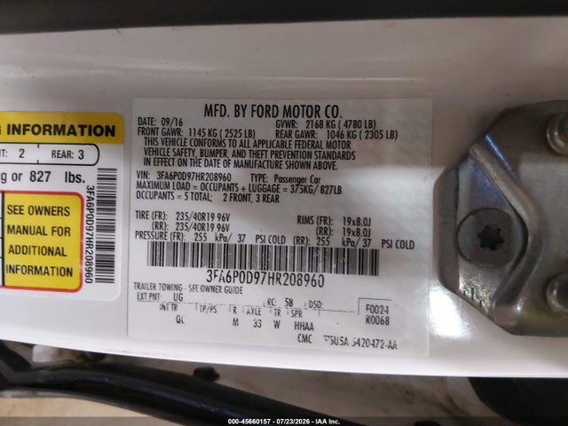 45660157 :رقم المزاد ، 3FA6P0D97HR208960 vin ، 2017 Ford Fusion Platinum مزاد بيع