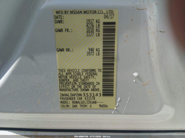 2017 Nissan Altima 2.5 S მანქანა იყიდება აუქციონზე, vin: 1N4AL3AP2HN353143, აუქციონის ნომერი: 45660160