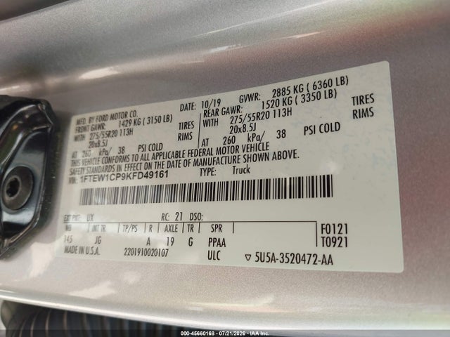 Aukcja sprzedaży 2019 Ford F-150 Xl, vin: 1FTEW1CP9KFD49161, numer aukcji: 45660168