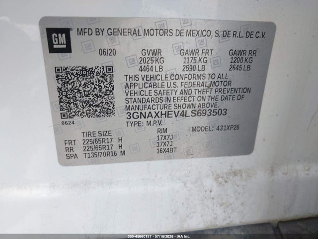 Продажа на аукционе авто 2020 Chevrolet Equinox Fwd Ls, vin: 3GNAXHEV4LS693503, номер лота: 45660187