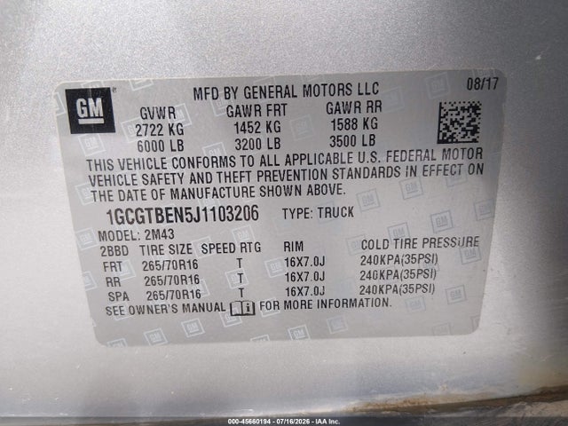 1GCGTBEN5J1103206 Chevrolet Colorado Wt