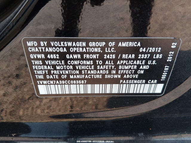 Aukcja sprzedaży 2012 Volkswagen Passat 2.0l Tdi Sel Premium, vin: 1VWCN7A39CC083587, numer aukcji: 45660199