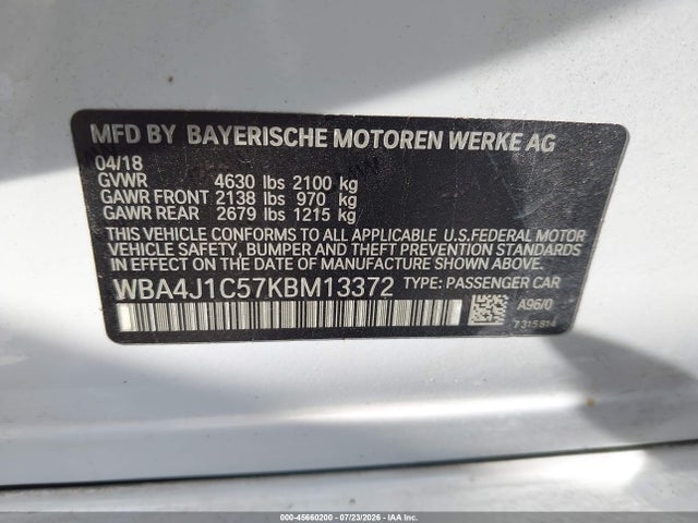 Aukcja sprzedaży 2019 Bmw 430i Gran Coupe, vin: WBA4J1C57KBM13372, numer aukcji: 45660200