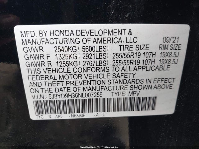 5J8YD9H36NL007259 Acura Mdx Standard