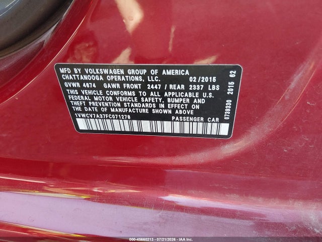 2015 Volkswagen Passat 2.0l Tdi Sel Premium მანქანა იყიდება აუქციონზე, vin: 1VWCV7A37FC071278, აუქციონის ნომერი: 45660213