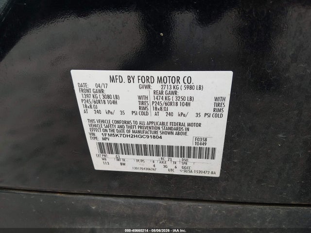 2017 Ford Explorer Xlt მანქანა იყიდება აუქციონზე, vin: 1FM5K7DH2HGC91804, აუქციონის ნომერი: 45660214