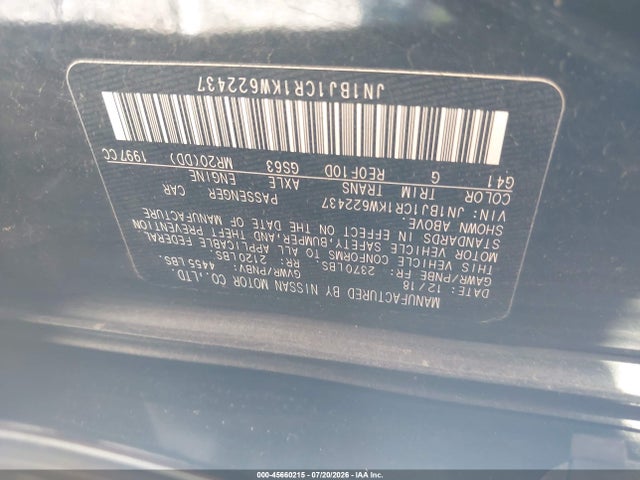 Продажа на аукционе авто 2019 Nissan Rogue Sport Sl, vin: JN1BJ1CR1KW622437, номер лота: 45660215