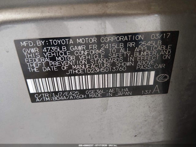 Aukcja sprzedaży 2017 Lexus Is 350, vin: JTHCE1D23H5013760, numer aukcji: 45660237