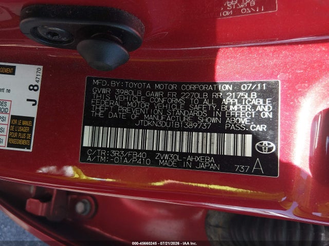 45660245 :رقم المزاد ، JTDKN3DU1B1389737 vin ، 2011 Toyota Prius مزاد بيع